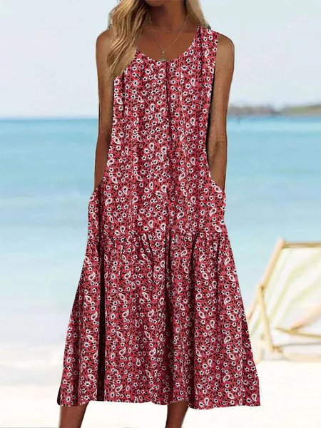 

Floral V Neck Vacation Loose Dress, Red, Dresses