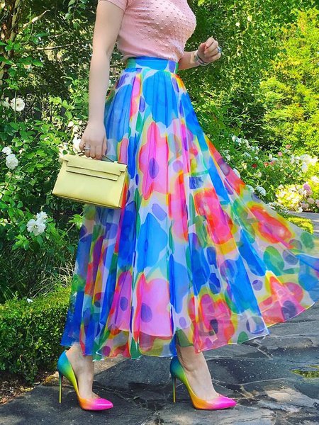

Vacation Regular Fit Floral Midi Skirt, As picture, Skirts
