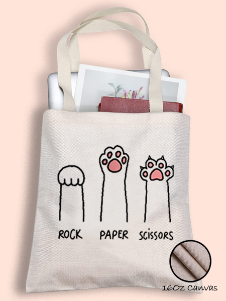 Women's Cute Cat Rock Paper Scissors Shopping Tote, White, Bags