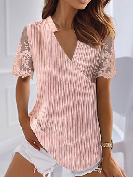 

Plain V Neck Loose Simple Lace Shirt, Pink, Shirts & Blouses