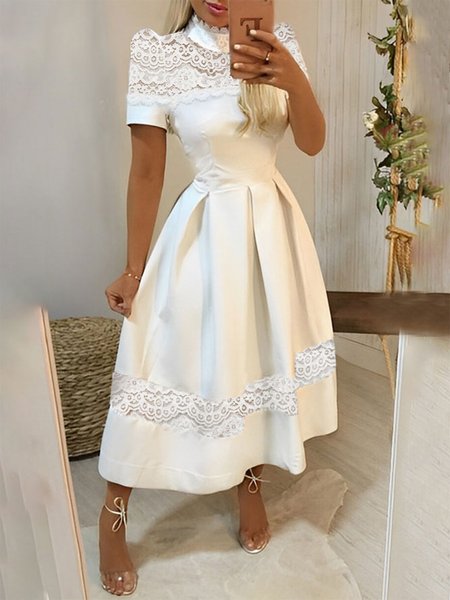 

Plain Elegant Stand Collar Regular Fit Midi Dress, White, Midi Dresses