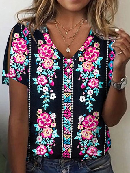 

Ethnic V Neck Loose Casual T-Shirt, Navyblue, T-Shirts