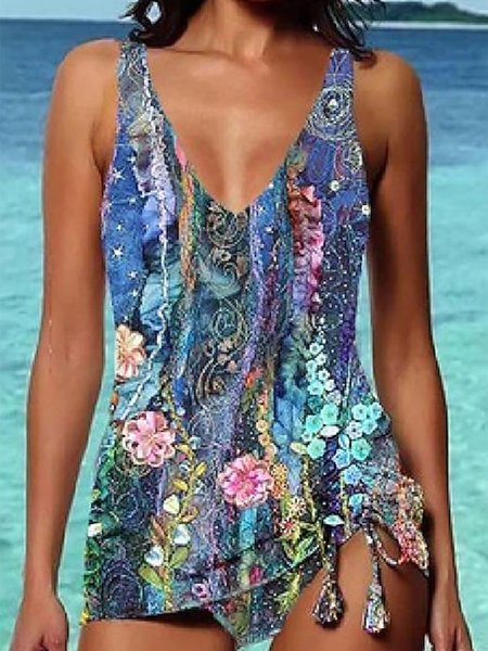 

Casual Floral Printing V Neck Tankini, Purple, swimwear>>Tankinis