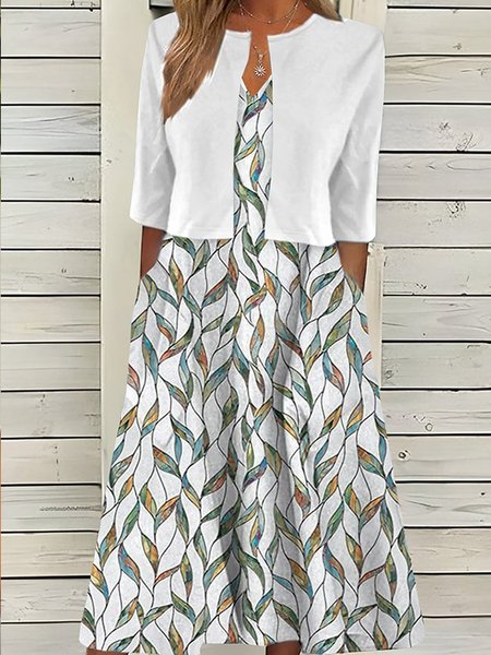 

Plus Size Loose Casual Leaf Crew Neck Two-Piece Set, White, Suit Set