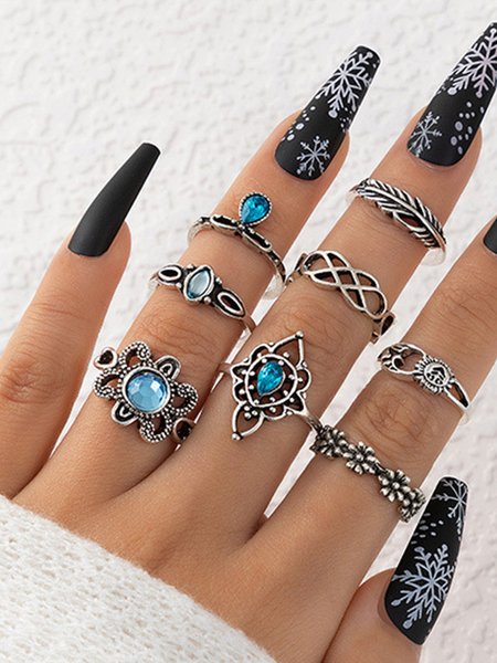 

Boho Silver Metal Ethnic Pattern Ring Set Vintage Women's Jewelry, Rings