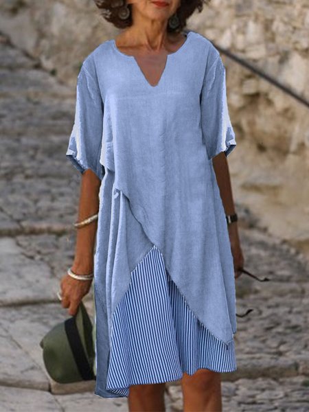 

Women Plain Summer Linen Cotton Vacation Dress, Light blue, Mini Dresses