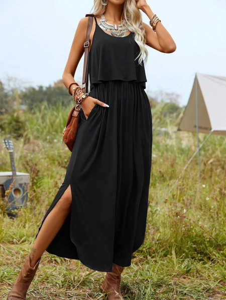 

Vacation Spaghetti Loose Plain Dress, Black, Dresses