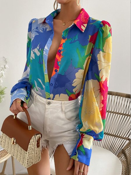 

Shirt Collar Loose Vacation Floral Print Blouse, Blue, Blouses and Shirts