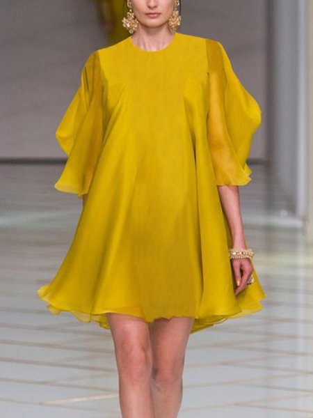 

Elegant Loose Crew Neck Plain Mini Dress, Yellow, Mini Dresses