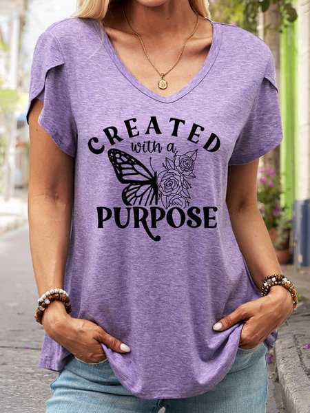 

Women's Created With A Purpose Christian Inspirational Casual V Neck T-Shirt, Purple, T-shirts