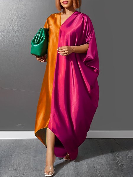 

Loose Elegant Color Block V Neck Maxi Dress, Deep pink, Maxi Dresses