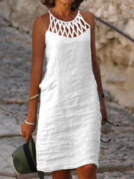

Crew Neck Linen Linen Loose Dress, White, Mini Dresses