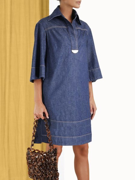 

Shirt Collar Regular Fit Casual Denim Dress, Blue, Mini Dresses