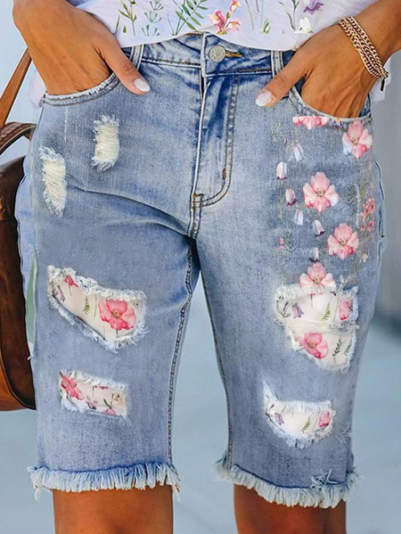 Floral Denim Loose Casual Denim Shorts