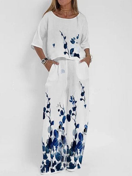 

Floral Crew Neck Loose Two-Piece Set, Blue, Suit Set