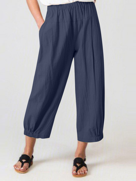 

Women's Summer Wide Leg Capri Drawstring Elastic High Waist Cotton Cropped Trousers with Pockets, Navyblue, Pants