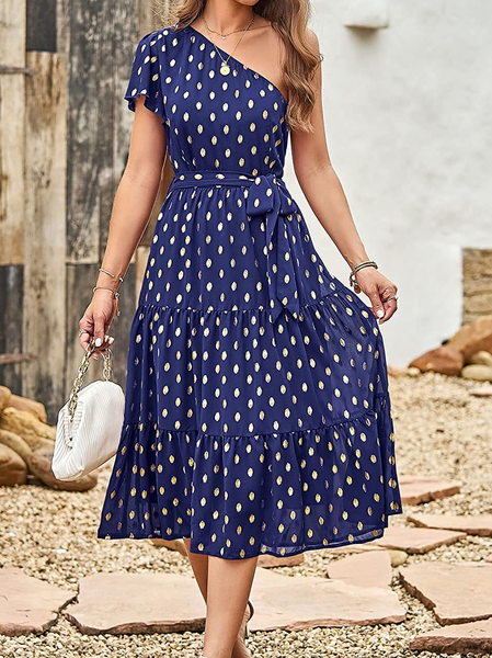 

One Shoulder Loose Vacation Polka Dots Dress, Blue purple, Dresses