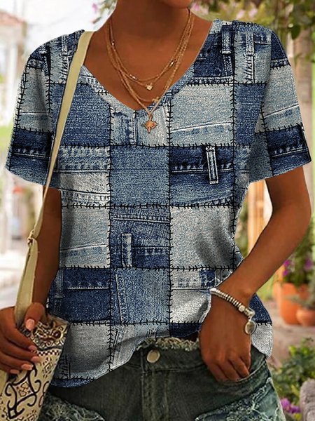 

V Neck Casual T-Shirt, Blue, T-Shirts
