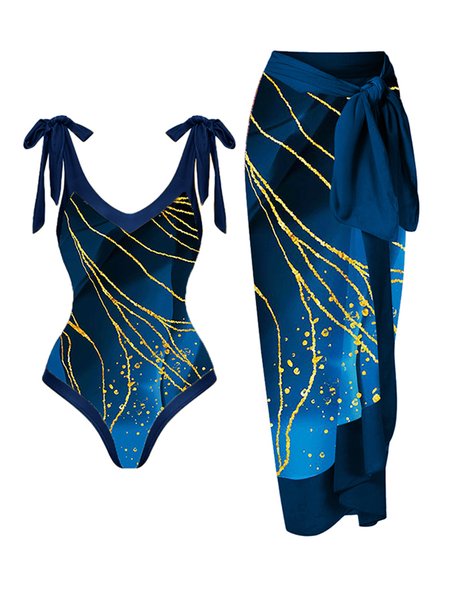 

Vacation Abstract Printing V Neck One Piece With Cover Up, Blue, swimwear>>One-Pieces