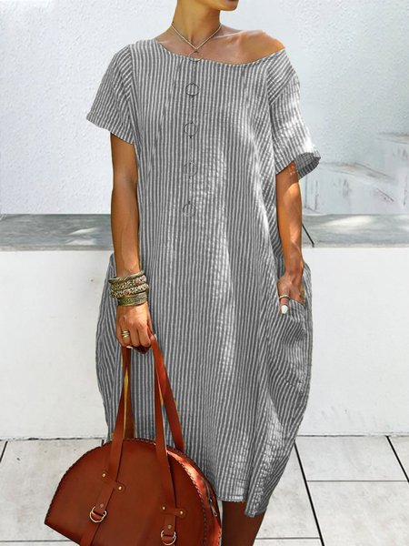 

Women Striped Linen Crew Neck Dress, Gray, Midi Dresses