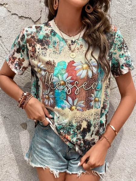 

Loose Floral Casual Crew Neck T-Shirt, Khaki, T-Shirts