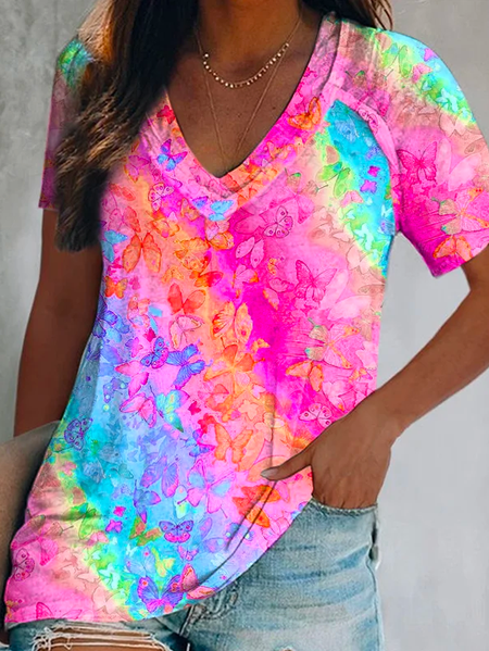 

Vacation Loose V Neck Butterfly T-Shirt, Pink, T-Shirts