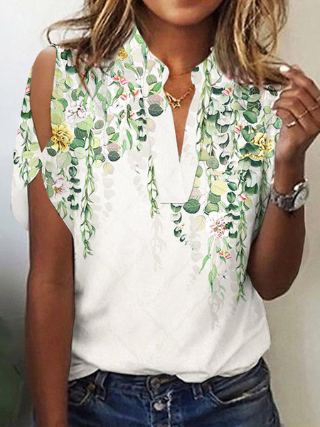 

Casual Stand Collar Floral T-Shirt, White, T-Shirts