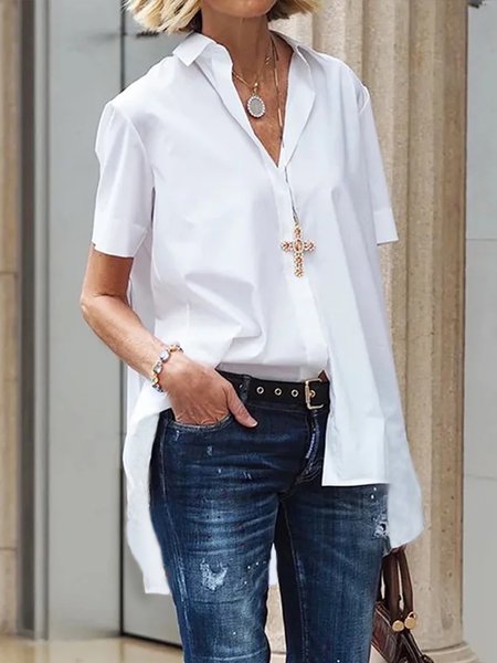 

Shirt Collar Plain Loose Urban Blouse, White, Blouses and Shirts