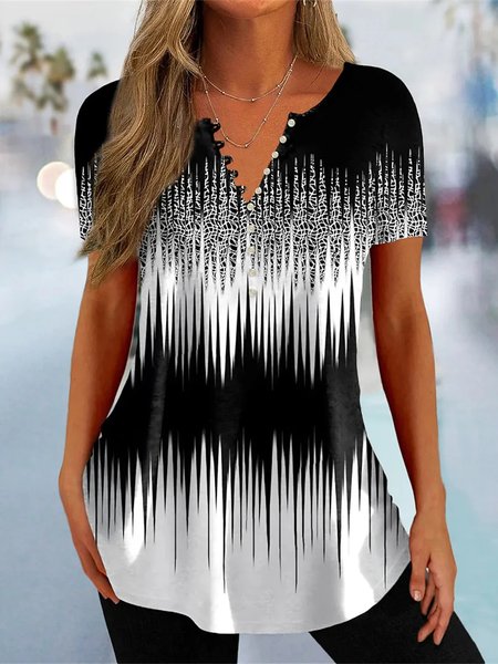 

V Neck Ombre Casual Knitted Shirt, Black, Shirts & Blouses