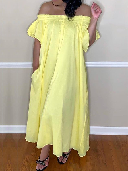 

Vacation Loose Cold Shoulder Short sleeve Maxi Dress, Yellow, Maxi Dresses