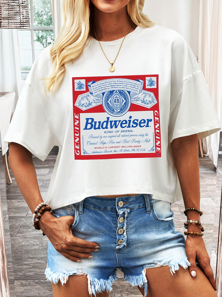 

Women's King Of Beers Bud Cropped Cotton Crew Neck Casual T-Shirt, White, T-shirts