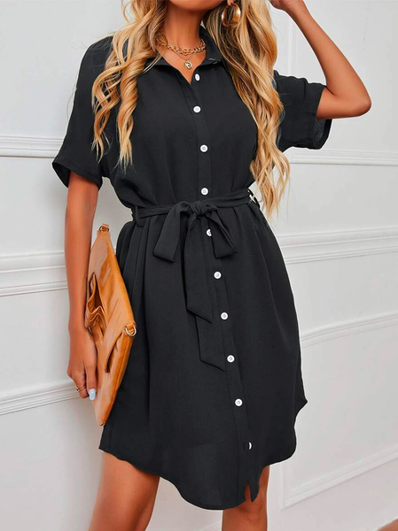 

Plain Urban Loose Shirt Collar Dress, Black, Dresses
