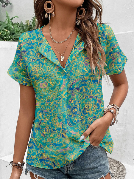

Boho Shawl Collar Ethnic Loose Shirt, Green, Shirts & Blouses