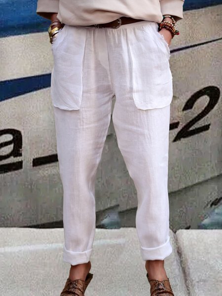 

Women Plain Pockets Linen Cotton High Waist Daily Pants, White, Pants