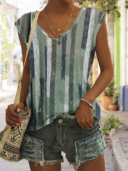 

Loose V Neck Casual Striped Tank Top, Green, Tanks & Camis