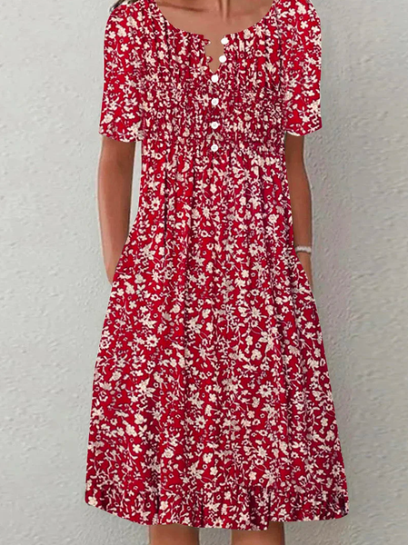 

Vacation V Neck Loose Floral Dress, Red, Dresses