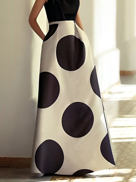 

Polka Dots Regular Fit Elegant Maxi Skirt, Black, Skirts