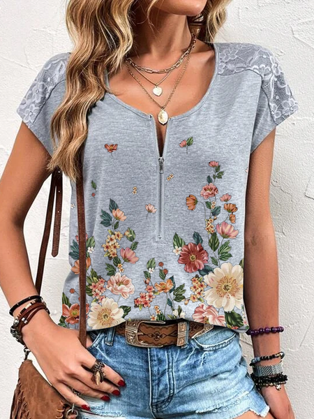 

Half Open Collar Loose Casual Floral T-Shirt, Gray, T-Shirts