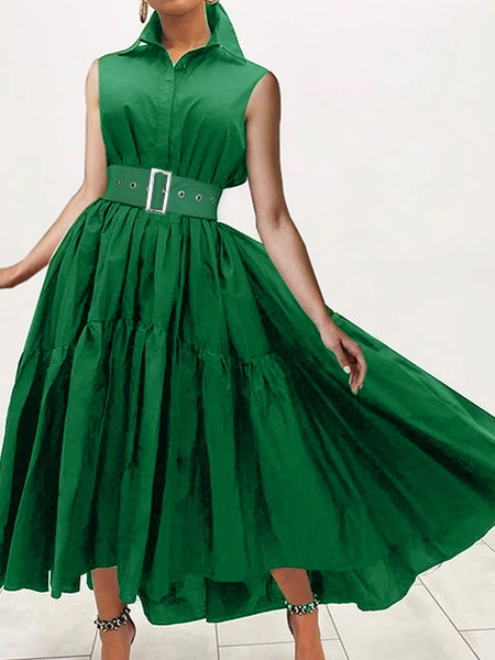 

Regular Fit Elegant Shirt Collar Sleeveless Plain Long Dress, Green, Maxi Dresses