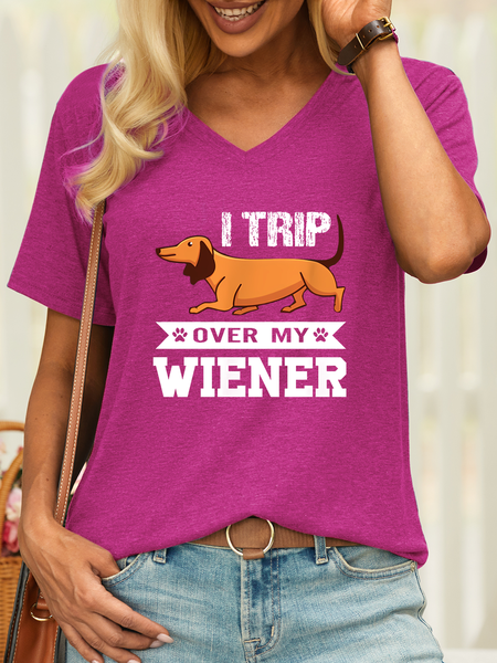 

Women’s I Trip Over My Wiener Dachshund Dog V Neck Casual T-Shirt, Rose red, T-shirts