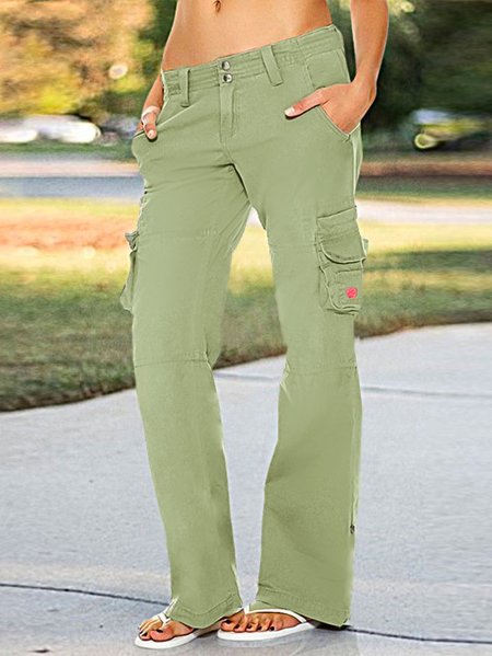 

Plain Loose Casual Double Button Flap Pocket Low Rise Pants, Green, Pants