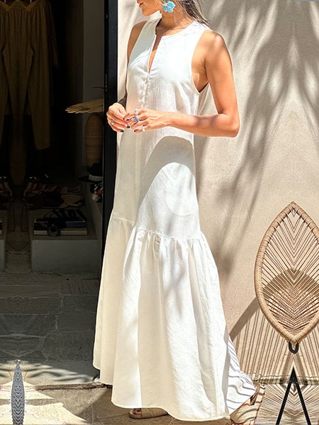 

V Neck Simple Linen Plain Sleeveless Dress, White, Maxi Dresses