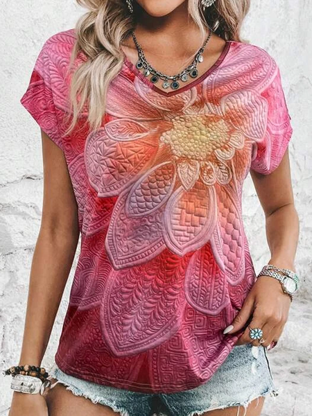 

Loose Casual Jersey V Neck T-Shirt, Pink, T-Shirts