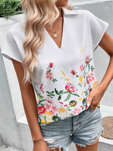 

Loose V Neck Casual Floral T-Shirt, White, T-Shirts