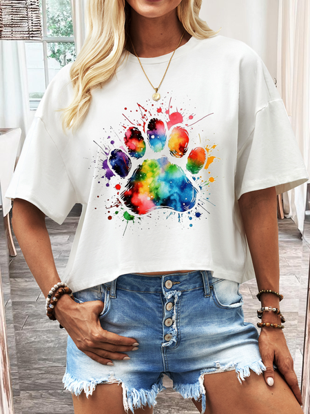 

Women's Pet Paw Cotton Tie-Dye Casual Crop T-Shirt, White, T-shirts
