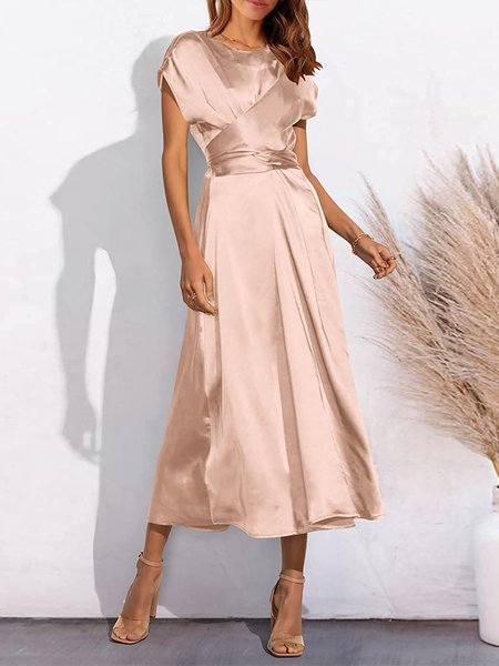 

Crew Neck Loose Plain Urban Dress, Champagne, Dresses