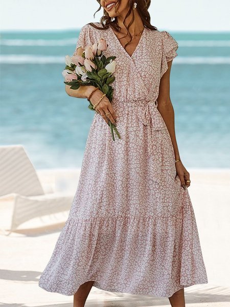 

Vacation Floral V Neck Loose Dress, Pink, Dresses