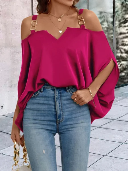 

V Neck Loose Urban Plain Chain Shirt, Deep pink, Blouses and Shirts