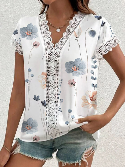 

Knitted Simple Lace Edge Floral Shirt, White, Shirts & Blouses