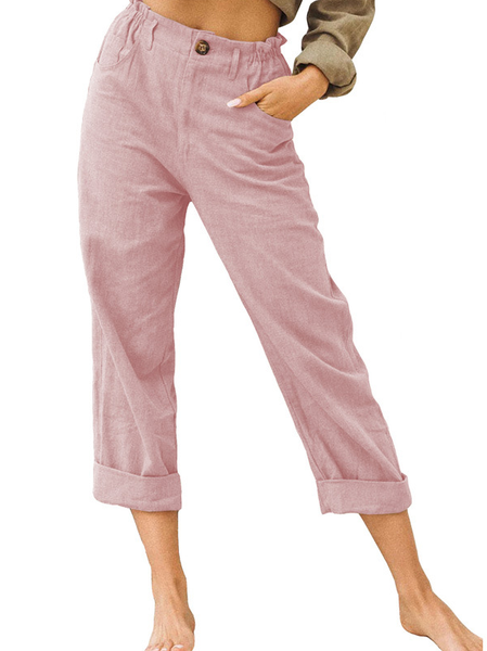 

Women's Casual Cropped Cotton Linen Capris Pants Summer Loose Fit Trousers with Pockets, Pink, Pants